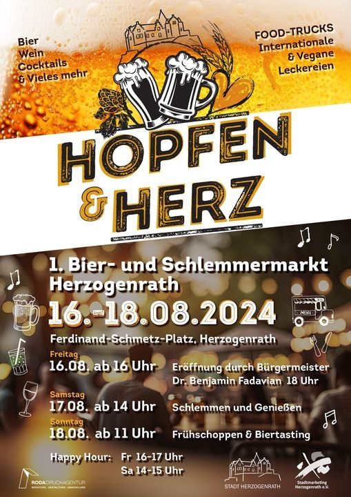 Plakat: „Hopfen & Herz Festival“ vom 16. bis 18. August: Großer Bier- und Schlemmermarkt in Herzogenrath